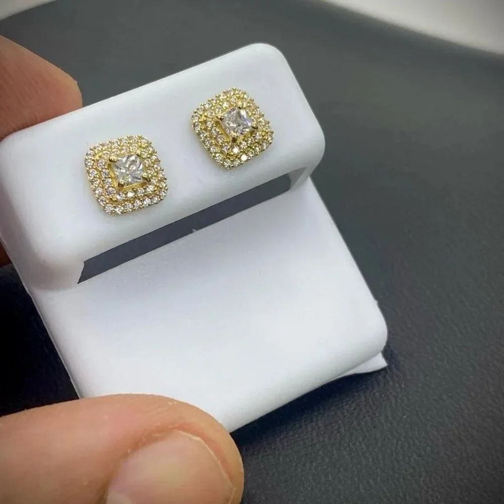 Baby Womens  Square Stud Earrings 14K Real Gold Push Back Baguette 2 Row CZ - Picture 6 of 6